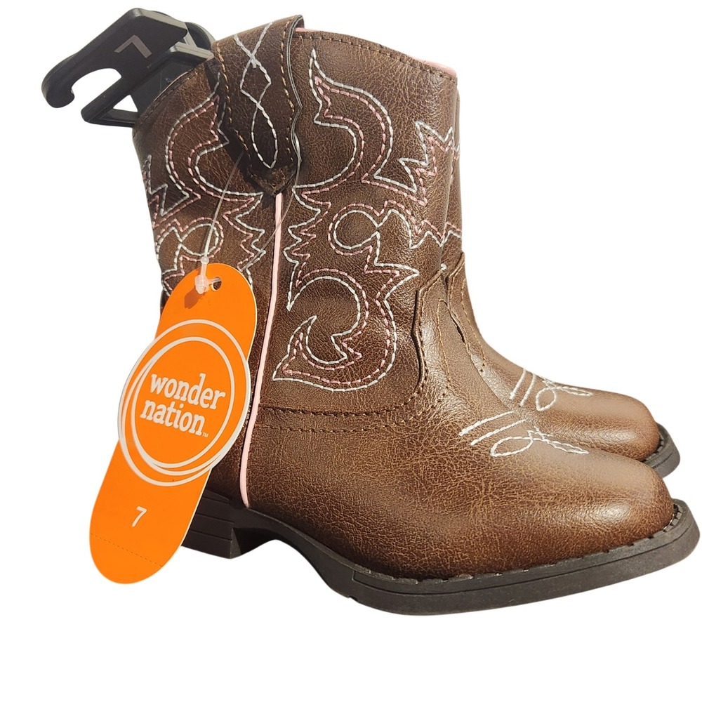 Wonder Nation Toddler Girls Brown Western Cowboy Boots Size 7 Pink Stitching NWT